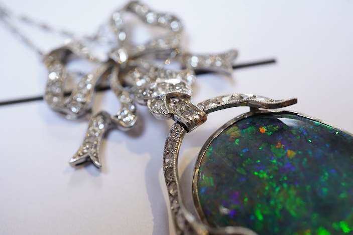 An impressive Belle Epoque black opal and diamond pendant, early 20th century